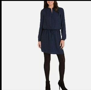 New Navy Dress Cinch Waist Long Sleeve Navy Line Arrow Print Hilary Radley Sz M